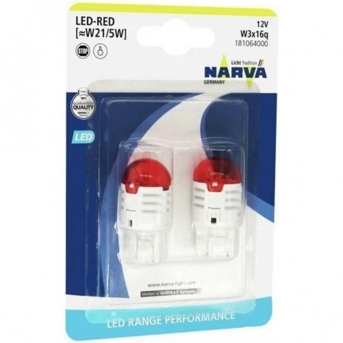 Лампа NARVA RANGE PERFORMANCE LED W21-5 12V 0.8W/1.75W W3x16q B2 red 2шт. 82277405