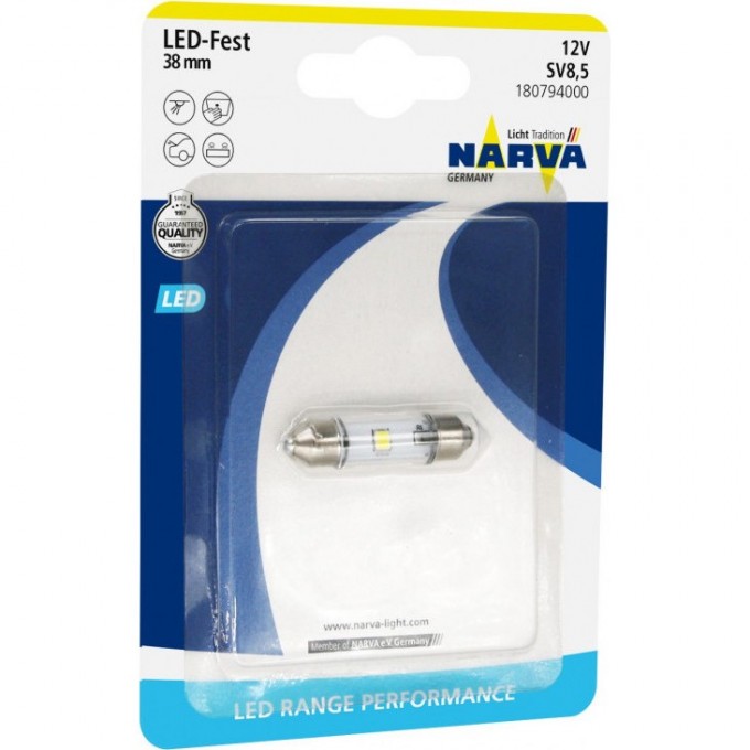 Лампа светодиодная NARVA FESTOON LAMPS LED 38mm 12V 0.6W SV8.5 B1 81191083